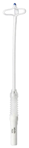 Lotus No-Balloon Catheter: drainage tip, deployable wings, flexible shaft and compressible handle